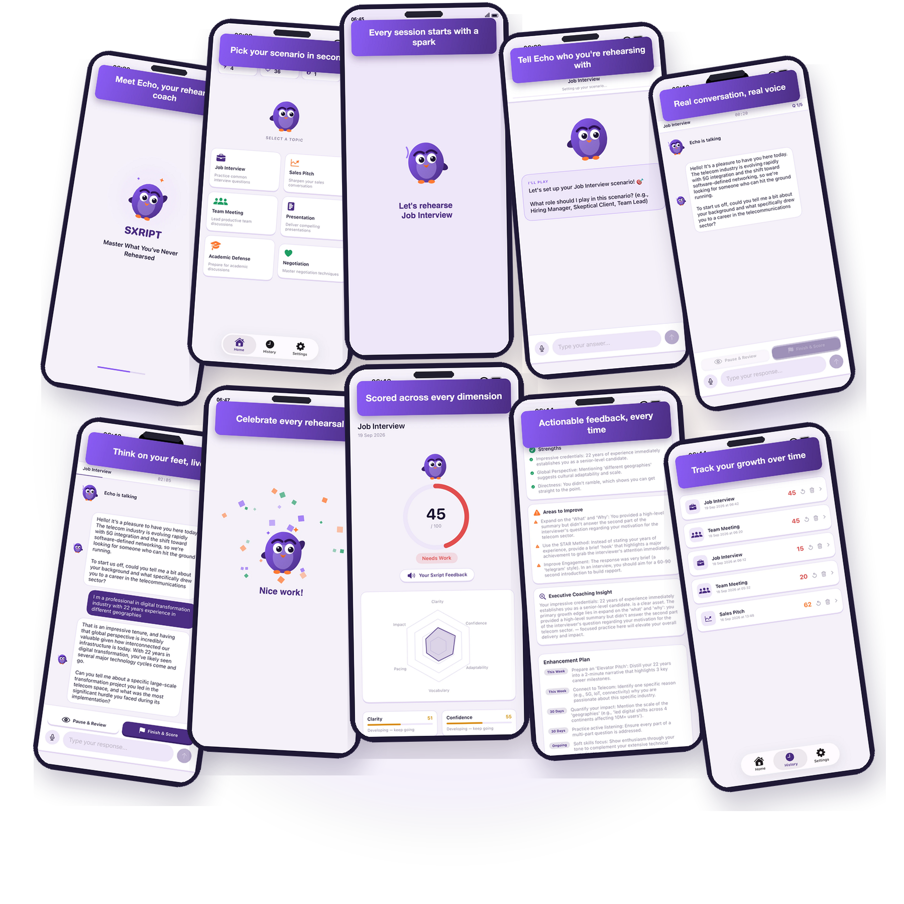 Ten real sxript mobile app screens showing Echo, scenario selection, live rehearsal, scoring, feedback, and progress history